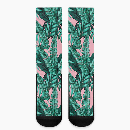 Teal Banana Leaves Pattern Print Crew Socks