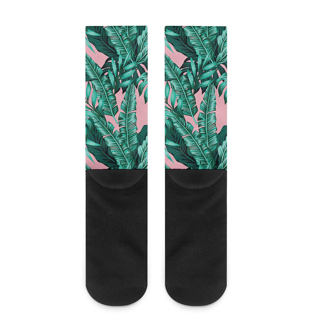 Teal Banana Leaves Pattern Print Crew Socks