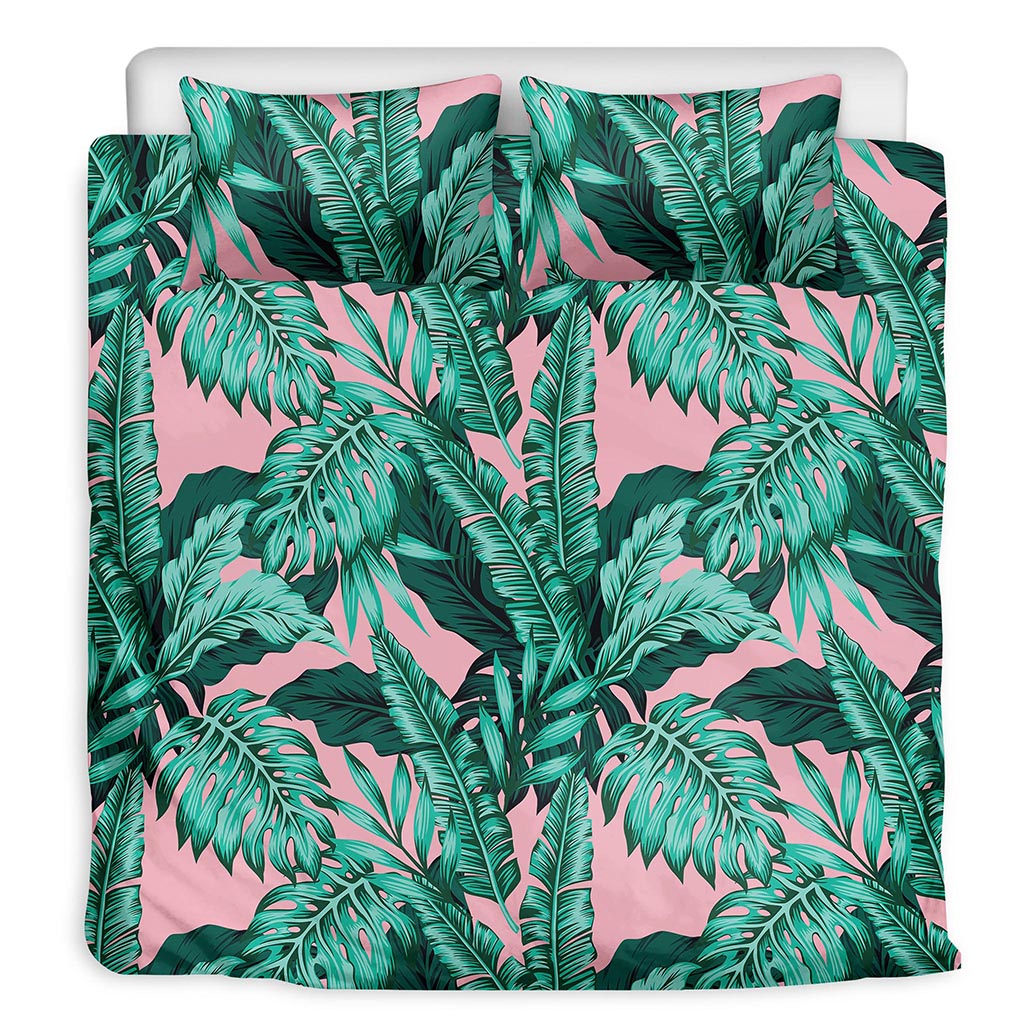 Teal Banana Leaves Pattern Print Duvet Cover Bedding Set
