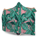 Teal Banana Leaves Pattern Print Hooded Blanket