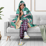 Teal Banana Leaves Pattern Print Hooded Blanket