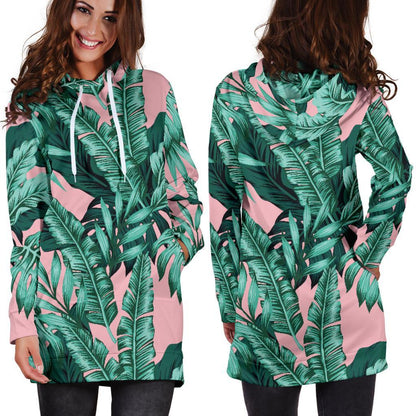 Teal Banana Leaves Pattern Print Hoodie Dress GearFrost