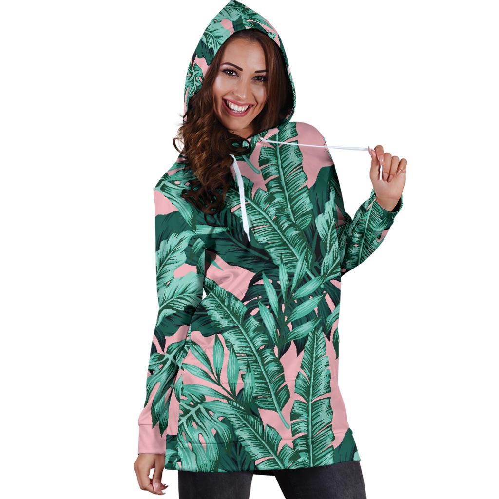 Teal Banana Leaves Pattern Print Hoodie Dress GearFrost