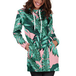 Teal Banana Leaves Pattern Print Hoodie Dress GearFrost