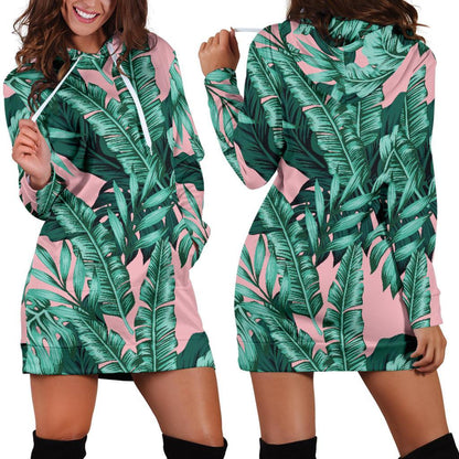 Teal Banana Leaves Pattern Print Hoodie Dress GearFrost