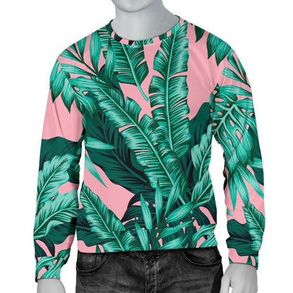 Teal Banana Leaves Pattern Print Men's Crewneck Sweatshirt GearFrost
