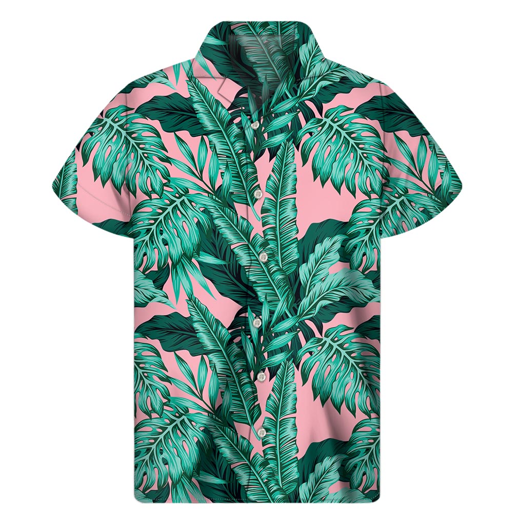 Teal Banana Leaves Pattern Print Men's Short Sleeve Shirt