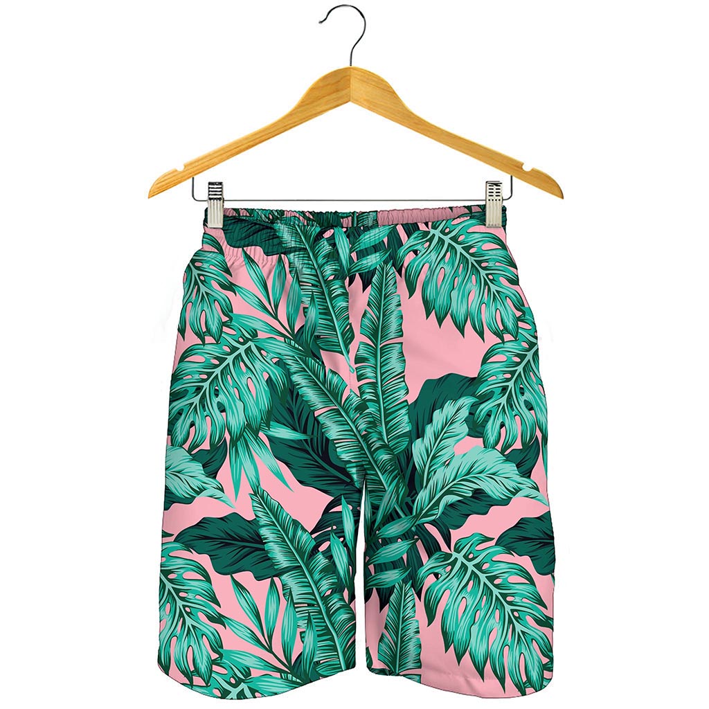 Teal Banana Leaves Pattern Print Men's Shorts