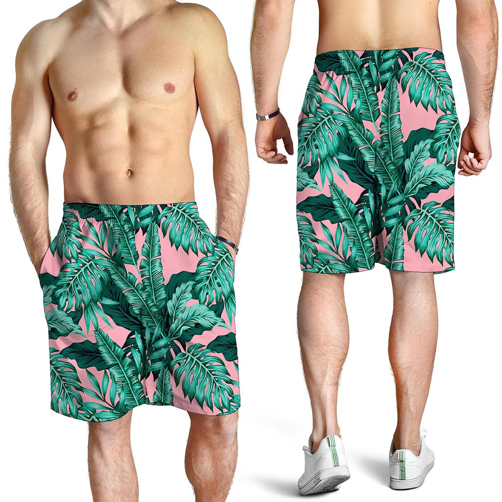 Teal Banana Leaves Pattern Print Men's Shorts