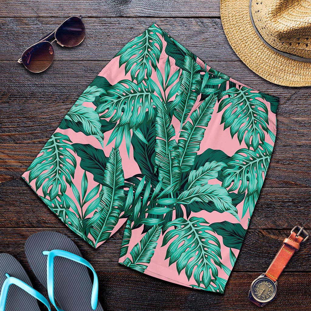 Teal Banana Leaves Pattern Print Men's Shorts