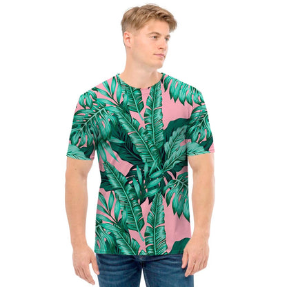Teal Banana Leaves Pattern Print Men's T-Shirt