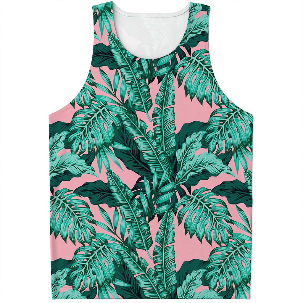 Teal Banana Leaves Pattern Print Men's Tank Top