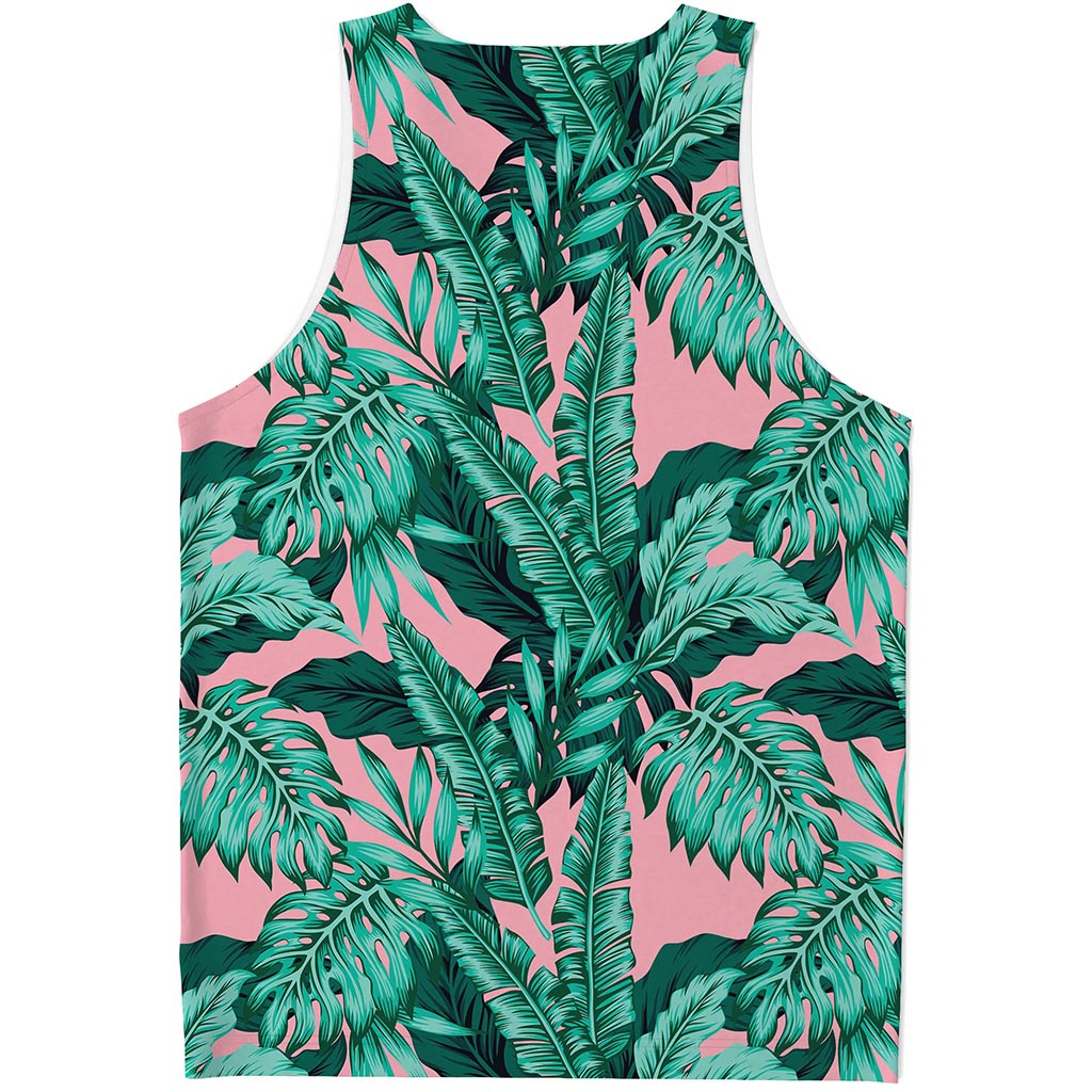 Teal Banana Leaves Pattern Print Men's Tank Top