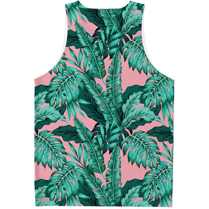 Teal Banana Leaves Pattern Print Men's Tank Top