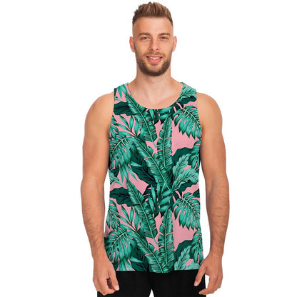 Teal Banana Leaves Pattern Print Men's Tank Top