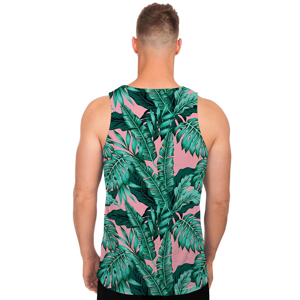 Teal Banana Leaves Pattern Print Men's Tank Top
