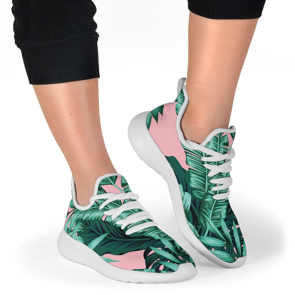 Teal Banana Leaves Pattern Print Mesh Knit Shoes GearFrost
