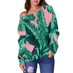 Teal Banana Leaves Pattern Print Off Shoulder Sweatshirt GearFrost