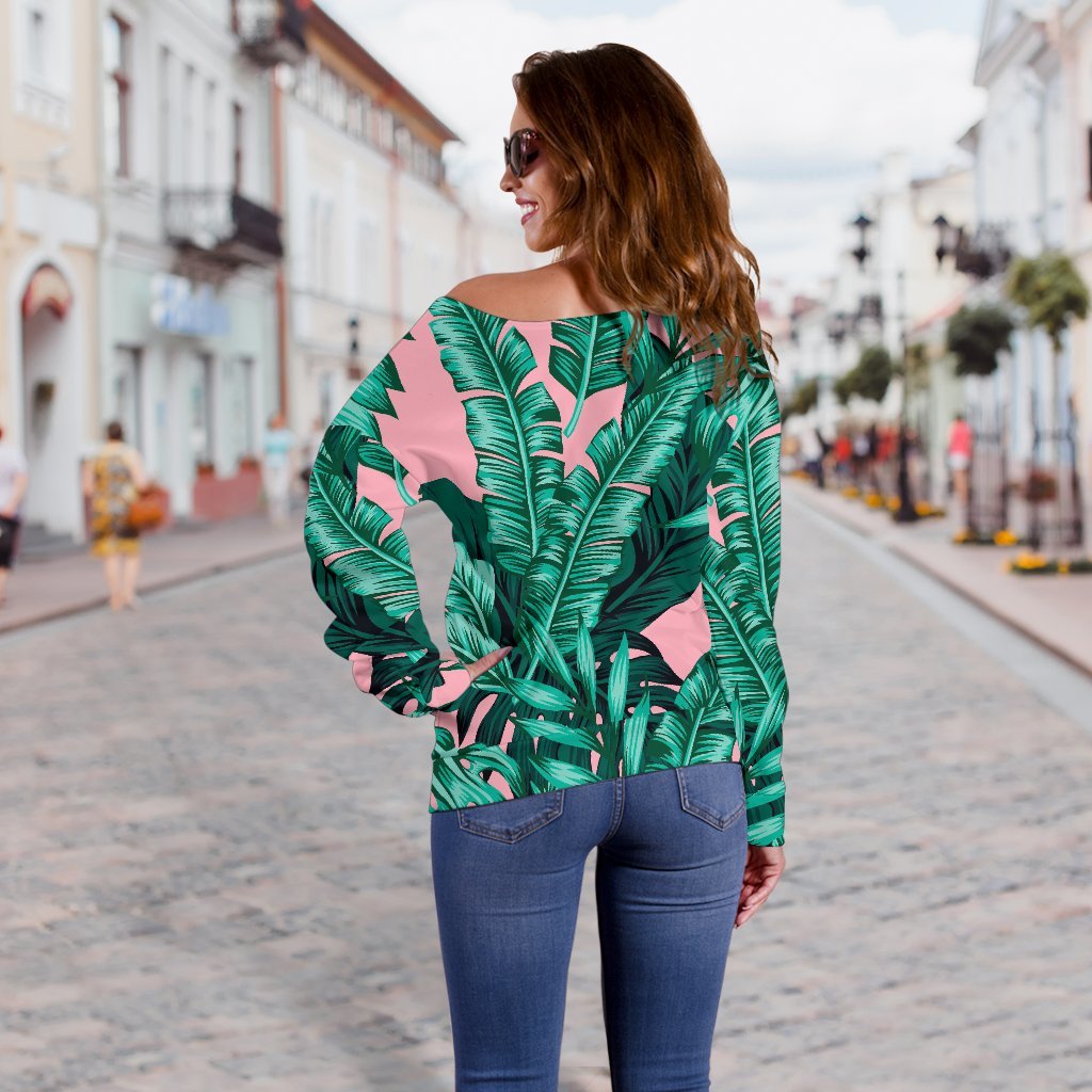 Teal Banana Leaves Pattern Print Off Shoulder Sweatshirt GearFrost