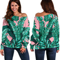 Teal Banana Leaves Pattern Print Off The Shoulder Sweatshirt