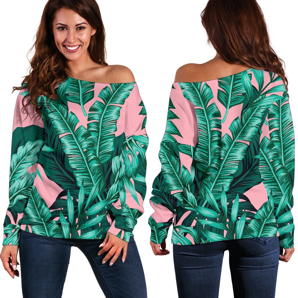 Teal Banana Leaves Pattern Print Off Shoulder Sweatshirt GearFrost