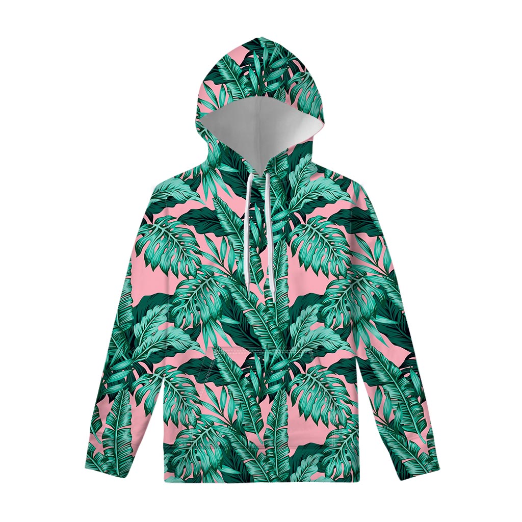 Teal Banana Leaves Pattern Print Pullover Hoodie