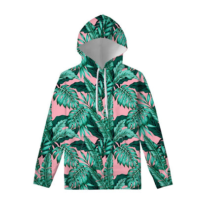 Teal Banana Leaves Pattern Print Pullover Hoodie