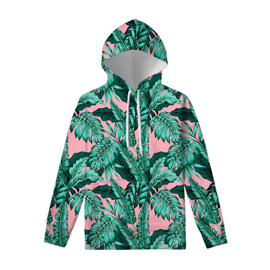 Teal Banana Leaves Pattern Print Pullover Hoodie