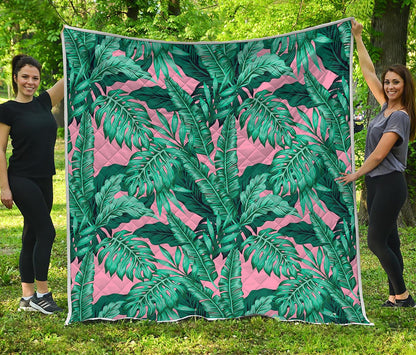 Teal Banana Leaves Pattern Print Quilt