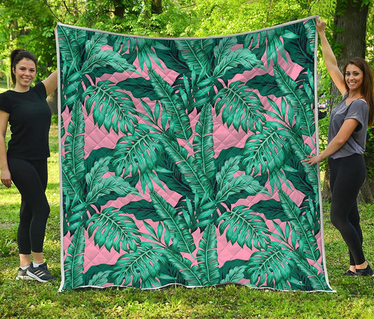 Teal Banana Leaves Pattern Print Quilt