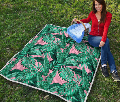 Teal Banana Leaves Pattern Print Quilt