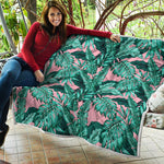 Teal Banana Leaves Pattern Print Quilt