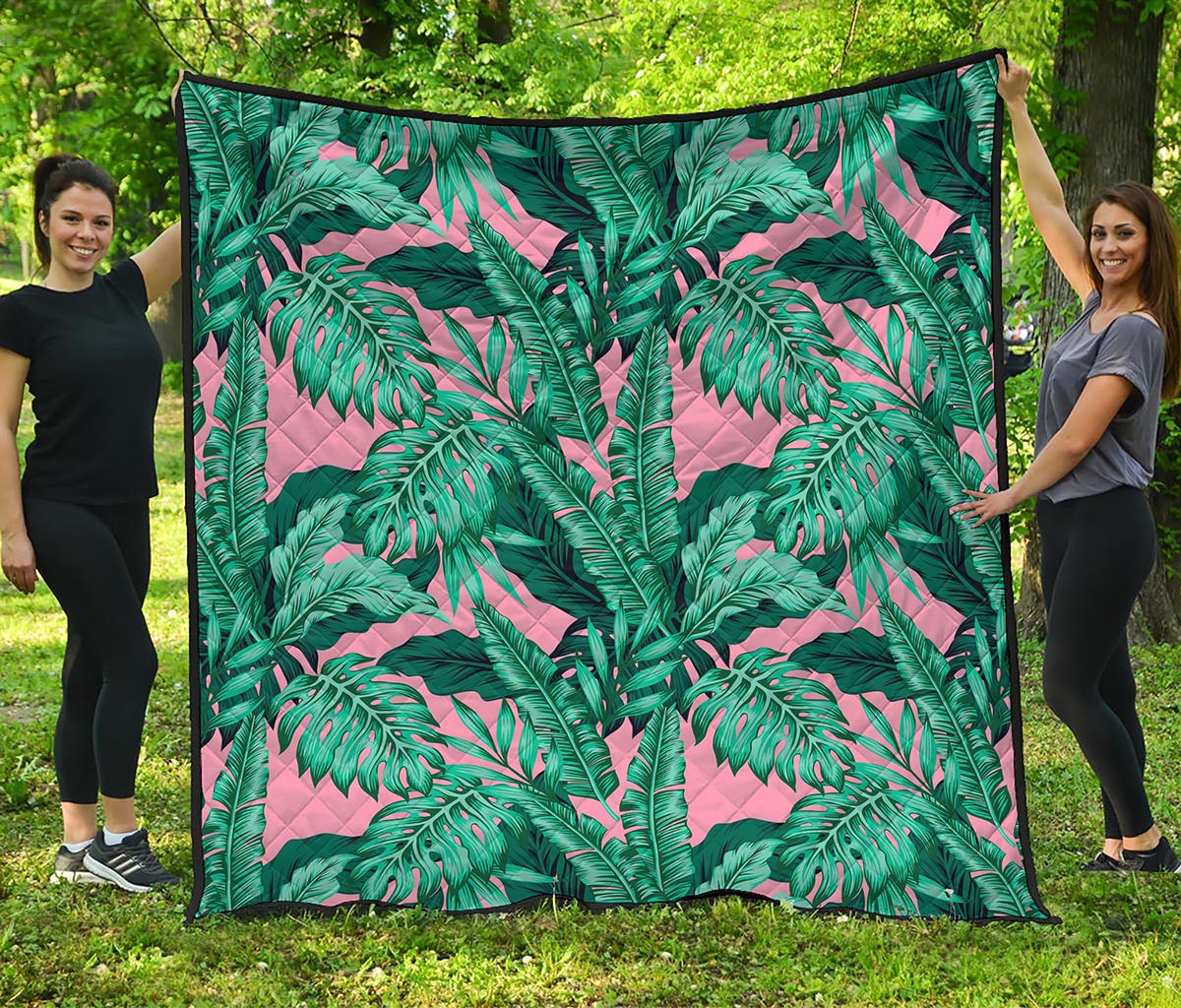 Teal Banana Leaves Pattern Print Quilt