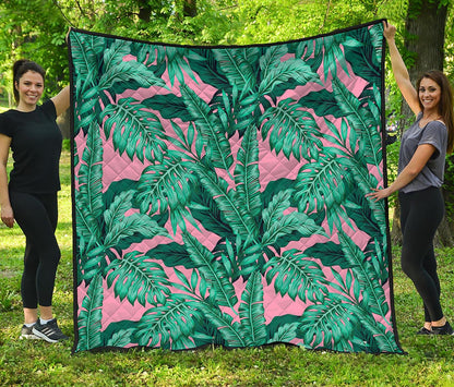Teal Banana Leaves Pattern Print Quilt