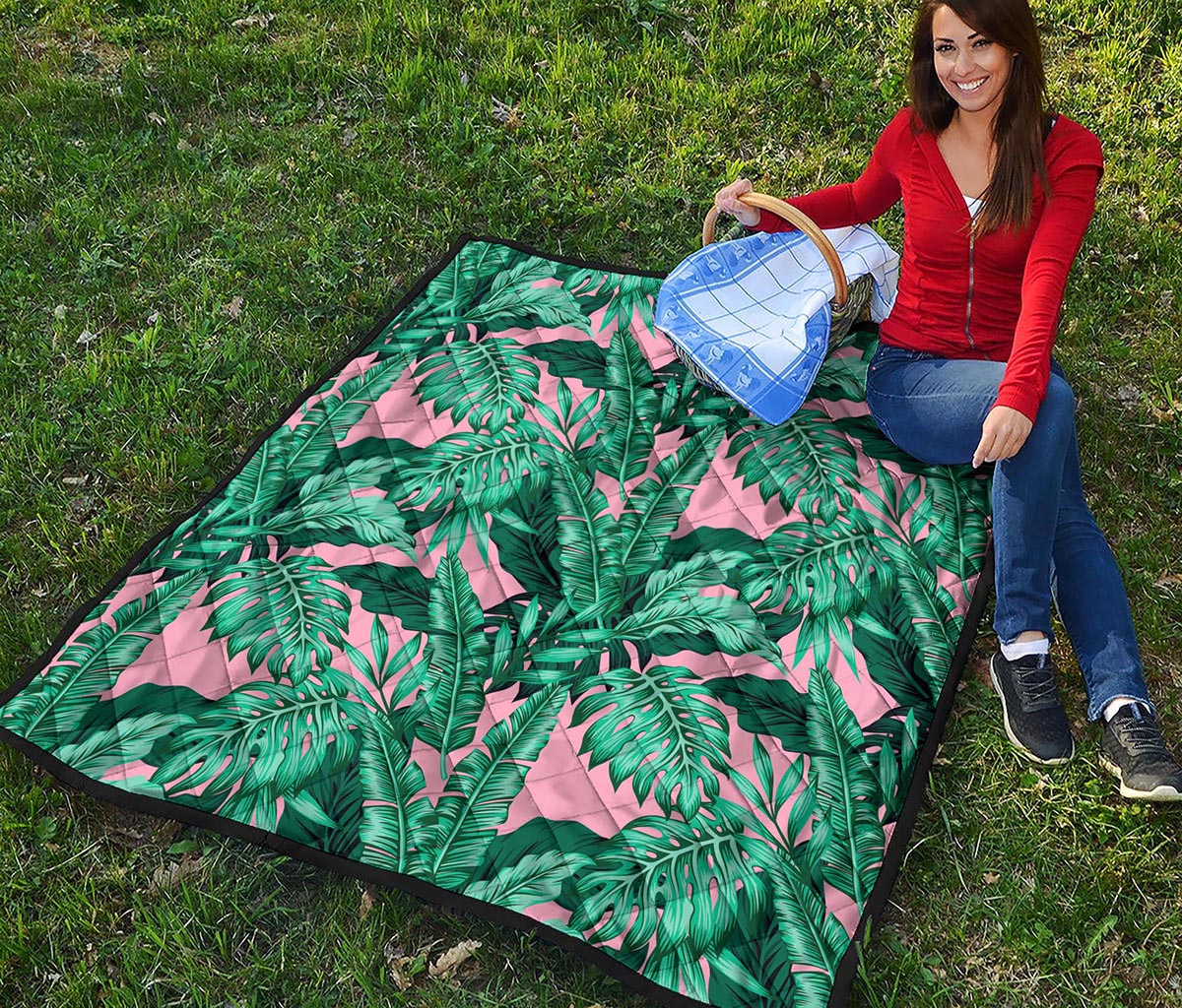 Teal Banana Leaves Pattern Print Quilt