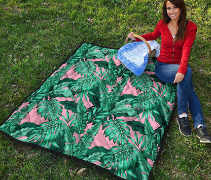 Teal Banana Leaves Pattern Print Quilt