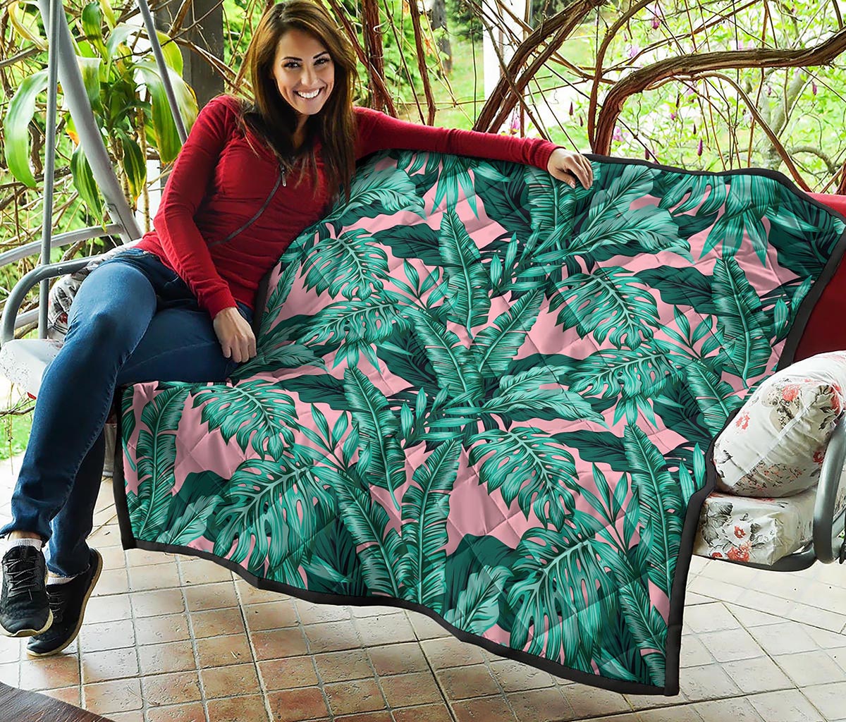 Teal Banana Leaves Pattern Print Quilt