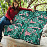 Teal Banana Leaves Pattern Print Quilt