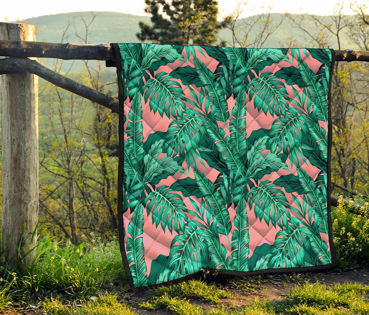 Teal Banana Leaves Pattern Print Quilt