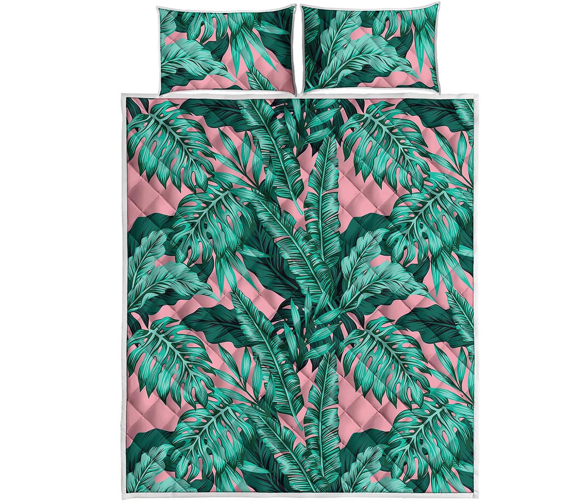 Teal Banana Leaves Pattern Print Quilt Bed Set