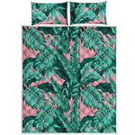 Teal Banana Leaves Pattern Print Quilt Bed Set