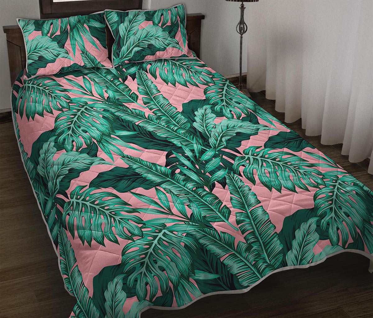 Teal Banana Leaves Pattern Print Quilt Bed Set