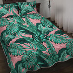 Teal Banana Leaves Pattern Print Quilt Bed Set