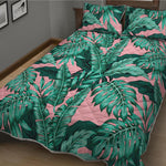 Teal Banana Leaves Pattern Print Quilt Bed Set