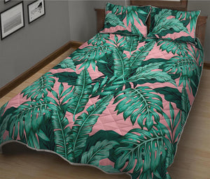 Teal Banana Leaves Pattern Print Quilt Bed Set