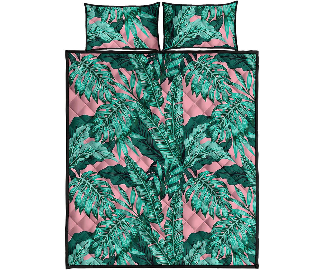 Teal Banana Leaves Pattern Print Quilt Bed Set