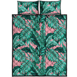 Teal Banana Leaves Pattern Print Quilt Bed Set