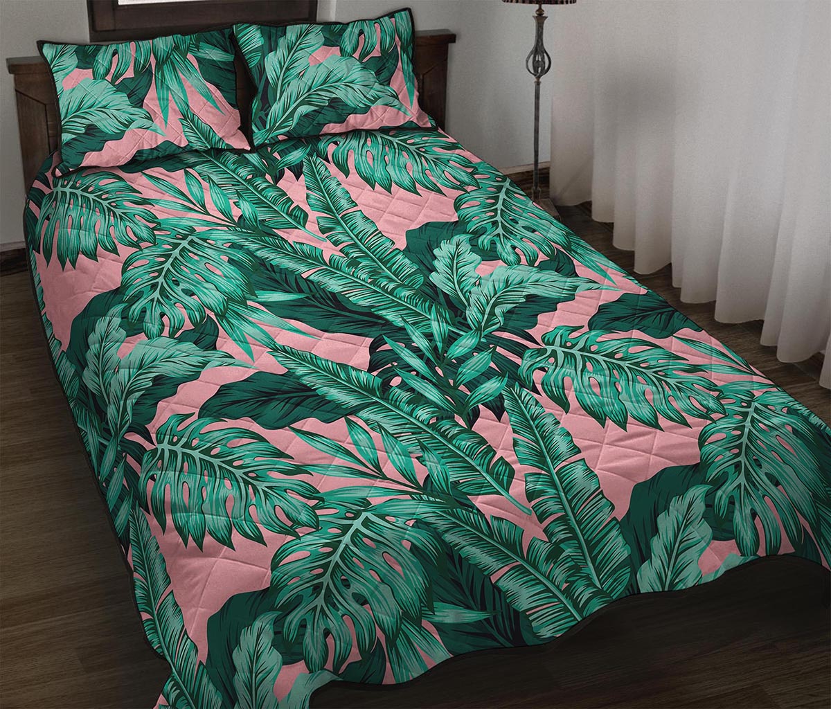 Teal Banana Leaves Pattern Print Quilt Bed Set