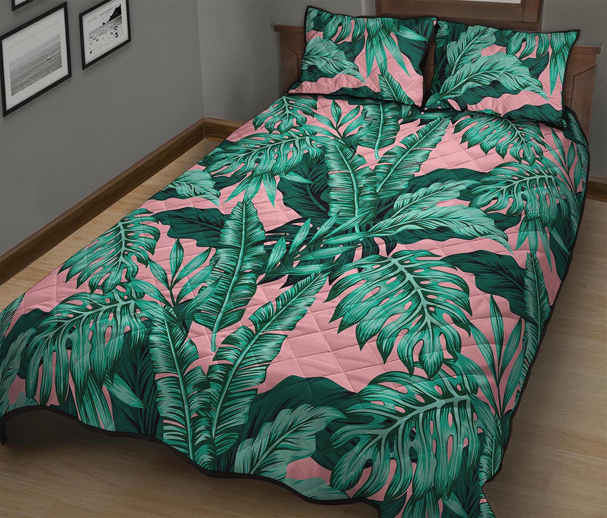 Teal Banana Leaves Pattern Print Quilt Bed Set