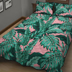 Teal Banana Leaves Pattern Print Quilt Bed Set